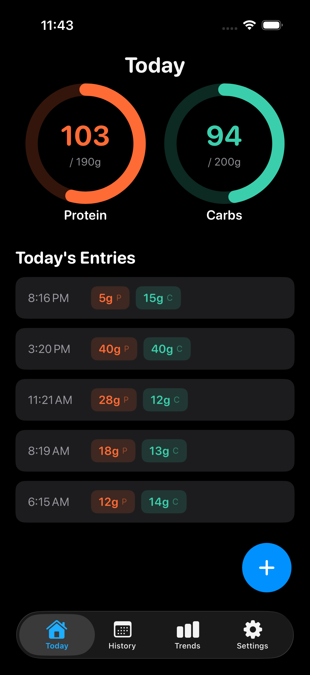 pCarbs daily tracking view