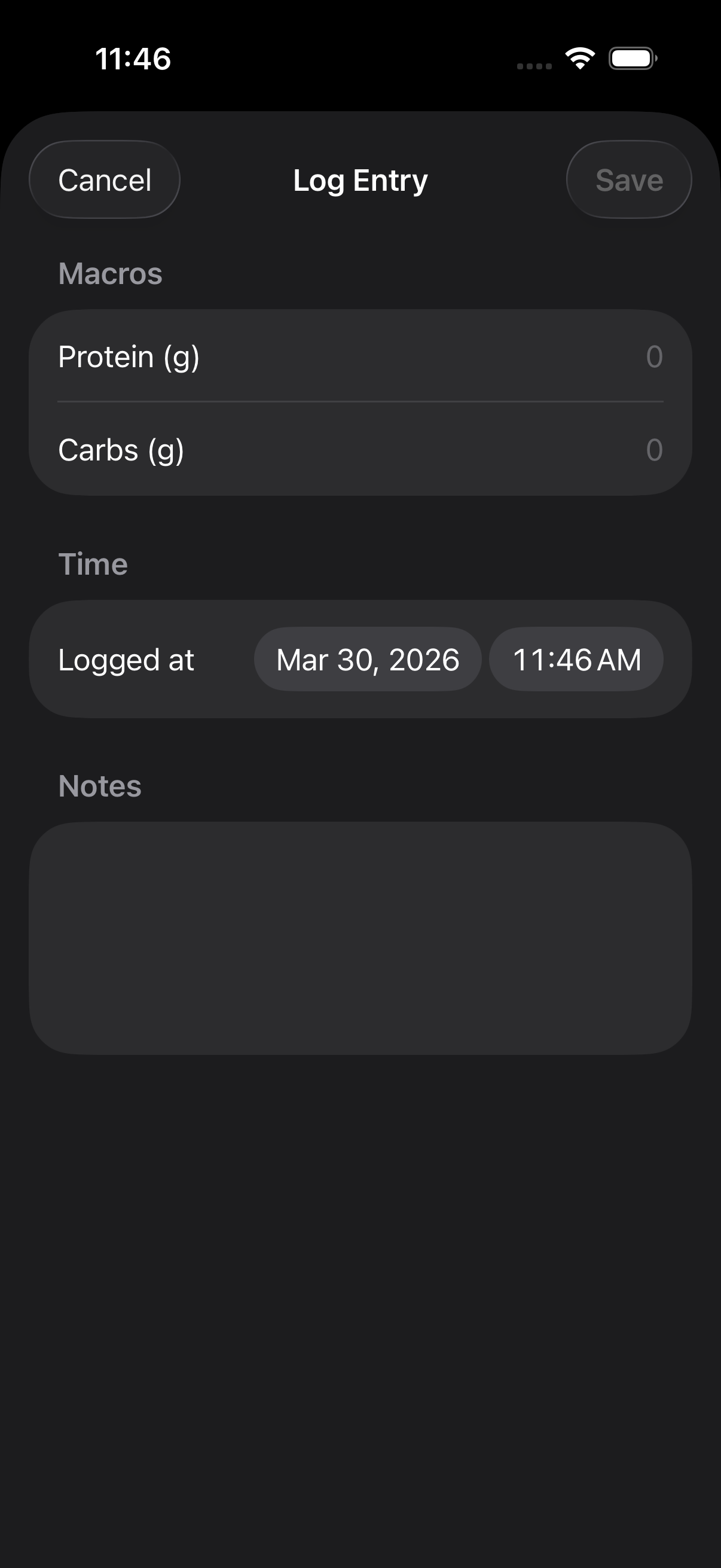 pCarbs log entry form