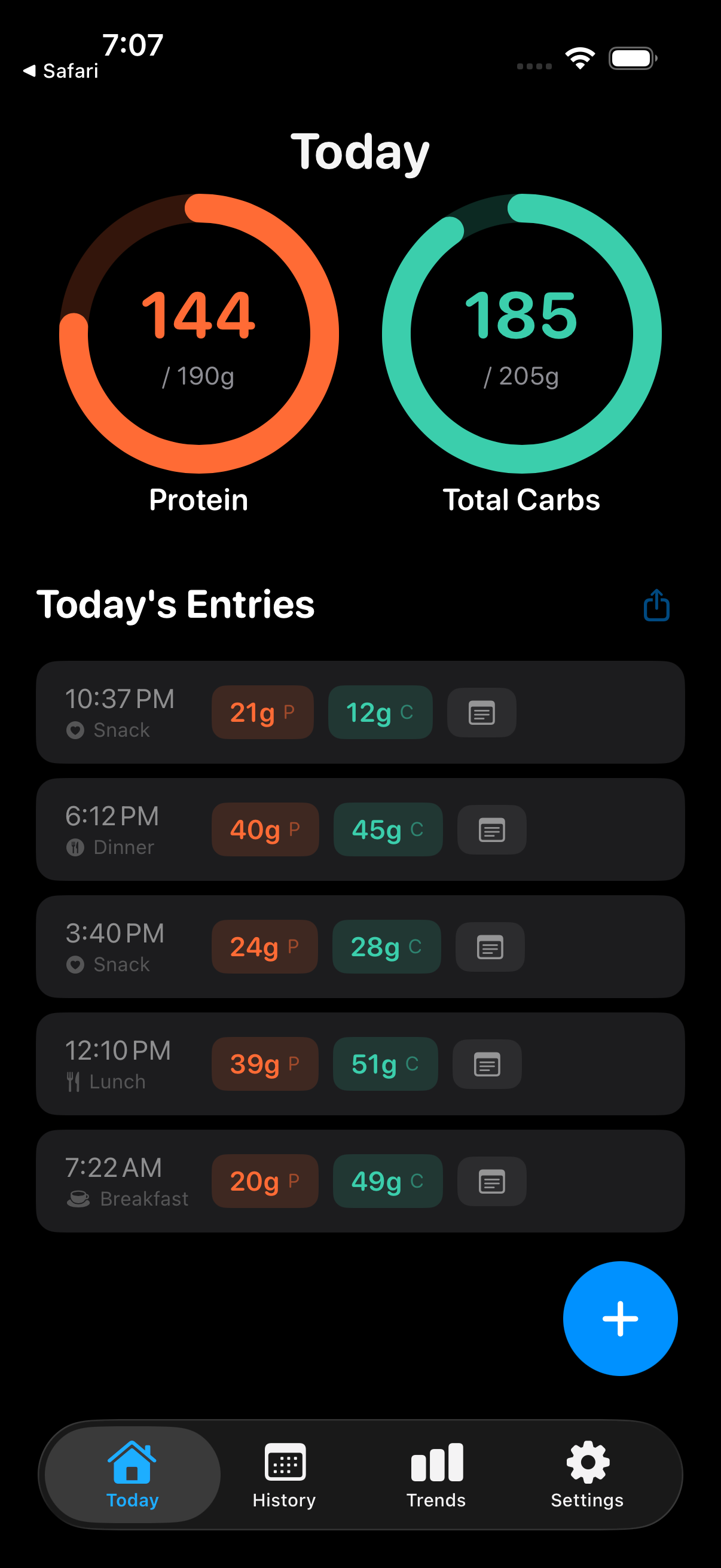 pCarbs daily tracking view