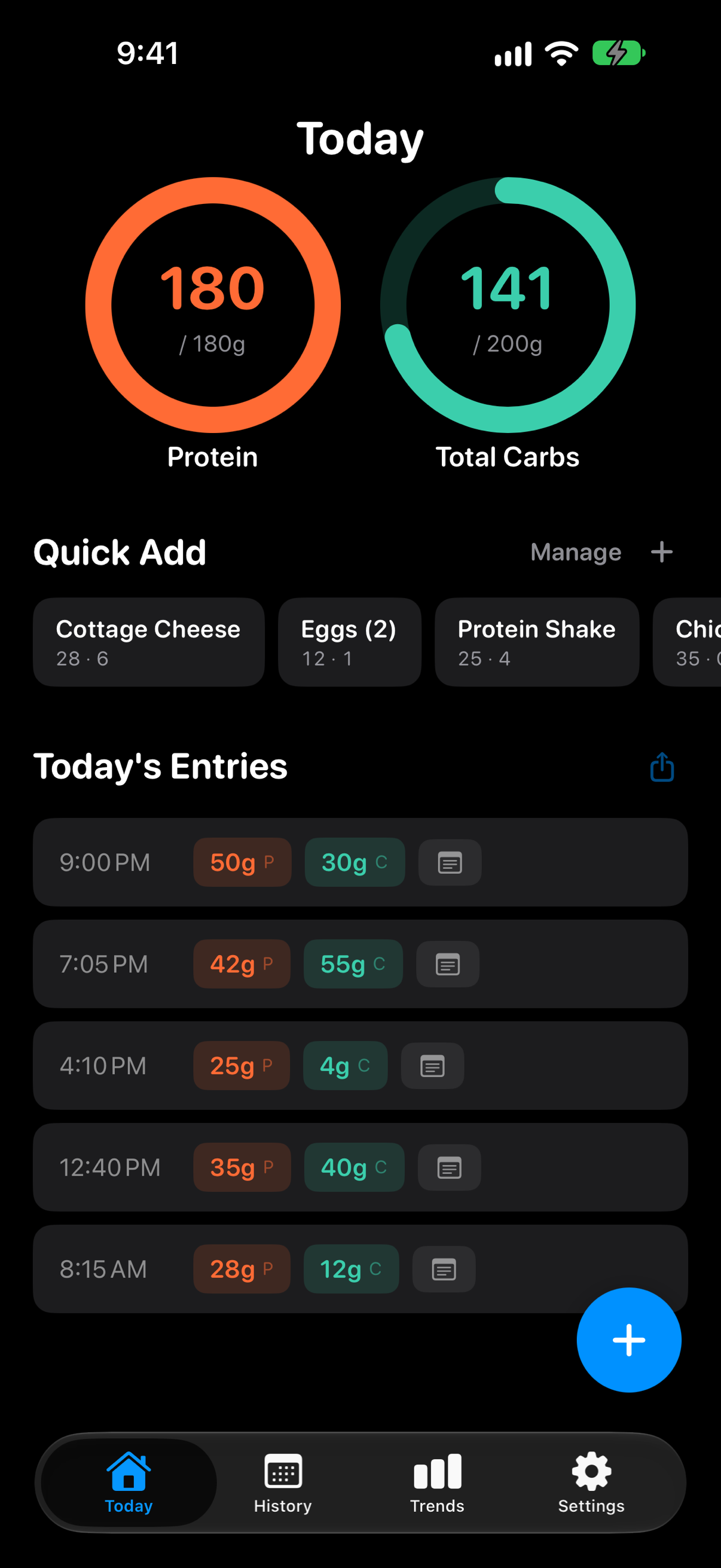 pCarbs daily tracking view